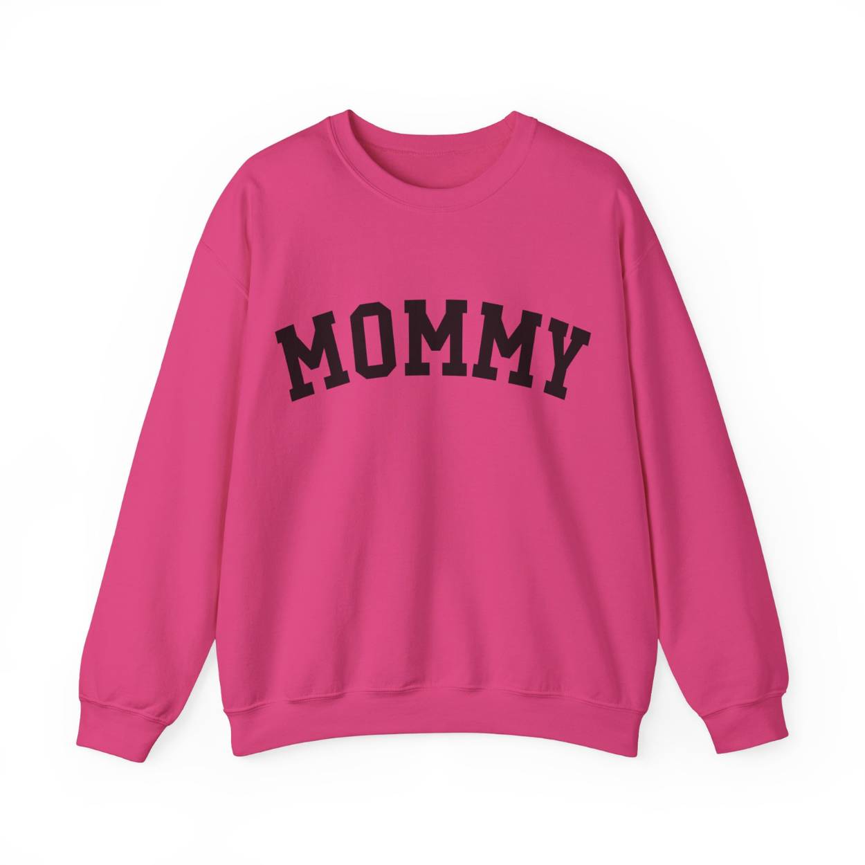 The perfect gift for mom. Our Mother’s Day special. Our crewneck sweatshirt. The color of the shirt is hot pink, and in big black varsity letters it says MOMMY on the chest. It’s available in six sizes, ranging from S to 3XL.