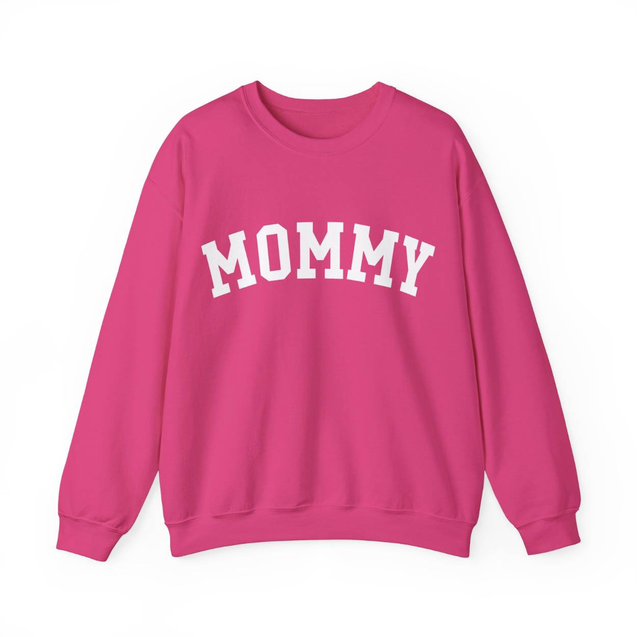 The perfect gift for mom. Our Mother’s Day special. Our crewneck sweatshirt. The color of the shirt is hot pink, and in big white varsity letters it says MOMMY on the chest. It’s available in six sizes, ranging from S to 3XL.