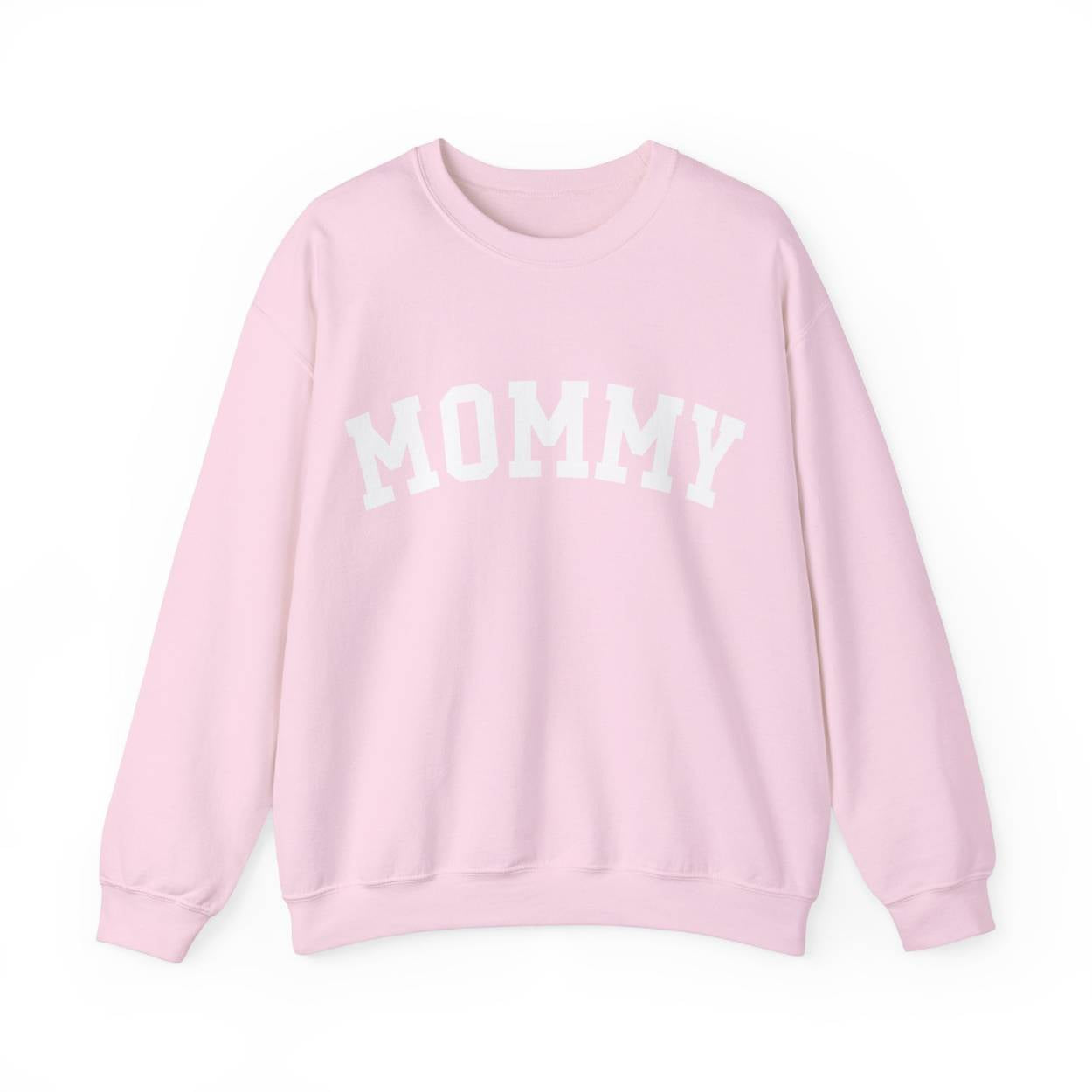 The perfect gift for mom. Our Mother’s Day special. Our crewneck sweatshirt. The color of the shirt is light pink, and in big white varsity letters it says MOMMY on the chest. It’s available in six sizes, ranging from S to 3XL.