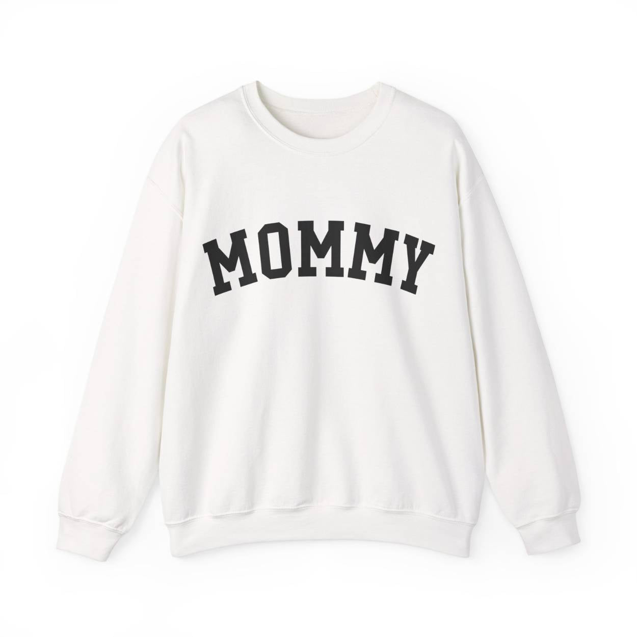 The perfect gift for mom. Our Mother’s Day special. Our crewneck sweatshirt. The color of the shirt is white, and in big black varsity letters it says MOMMY on the chest. It’s available in six sizes, ranging from S to 3XL.