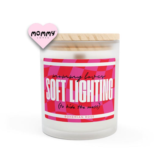 The perfect gift for mom, especially for mother's day. A frosted glass scented candle, with a wooden lid. The glass vessel is 11 oz, and the wax is 9oz. Burning time is around 50 hours. The label is beautifully designed in pink and red colors, and it says: Mommy Loves Soft Lighting. Underneath, in between brackets it says: to hide the mess. A funny, yet original gift for mom! The scent is bohemian rose. Super relaxing.
