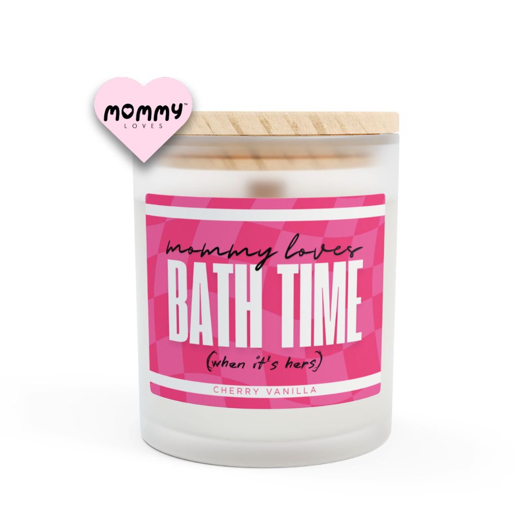 The perfect gift for mom, especially for mother's day. A frosted glass scented candle, with a wooden lid. The glass vessel is 11 oz, and the wax is 9oz. Burning time is around 50 hours. The label is beautifully designed in light blue colors, and it says: Mommy Loves Bath Time. Underneath, in between brackets it says: when it's hers. A funny, yet original gift for mom! The scent is cherry vanilla. Super relaxing.