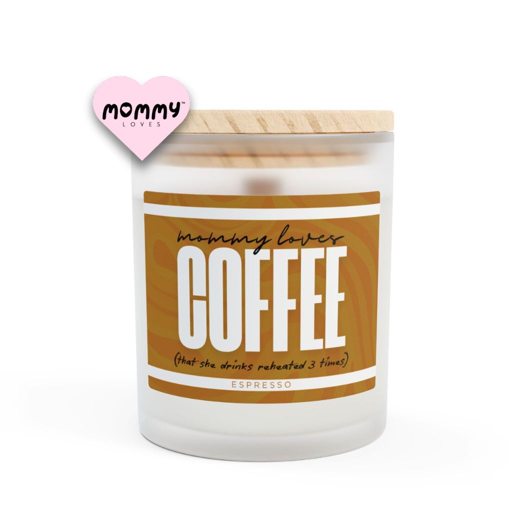 The perfect gift for mom, especially for mother's day. A frosted glass scented candle, with a wooden lid. The glass vessel is 11 oz, and the wax is 9oz. Burning time is around 50 hours. The label is beautifully designed in espresso brown colors, and it says: Mommy Loves Coffee Underneath, in between brackets it says: that she drinks reheated 3 times. A funny, yet original gift for mom! The scent is espresso. Super relaxing.