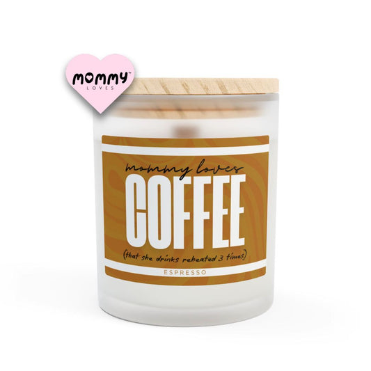 The perfect gift for mom, especially for mother's day. A frosted glass scented candle, with a wooden lid. The glass vessel is 11 oz, and the wax is 9oz. Burning time is around 50 hours. The label is beautifully designed in espresso brown colors, and it says: Mommy Loves Coffee Underneath, in between brackets it says: that she drinks reheated 3 times. A funny, yet original gift for mom! The scent is espresso. Super relaxing.