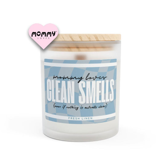 The perfect gift for mom, especially for mother's day. A frosted glass scented candle, with a wooden lid. The glass vessel is 11 oz, and the wax is 9oz. Burning time is around 50 hours. The label is beautifully designed in light blue colors, and it says: Mommy Loves Clean Smells. Underneath, in between brackets it says: even if nothing is actually clean. A funny, yet original gift for mom! The scent is fresh linen. Super relaxing.