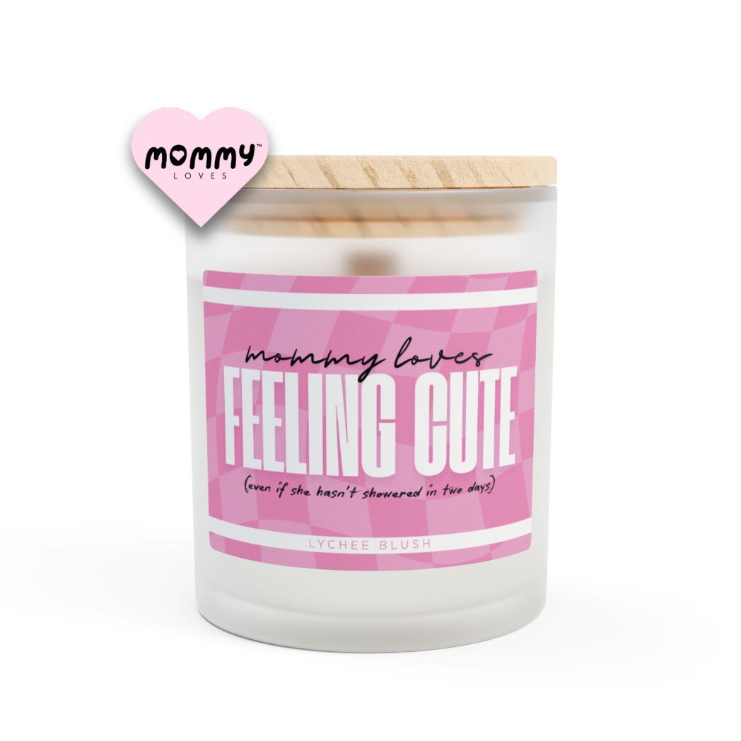 The perfect gift for mom, especially for mother's day. A frosted glass scented candle, with a wooden lid. The glass vessel is 11 oz, and the wax is 9oz. Burning time is around 50 hours. The label is beautifully designed in light pink colors, and it says: Mommy Loves Feeling Cute. Underneath, in between brackets it says: even if she hasn't showered in two days. A funny, yet original gift for mom! The fragrance is lychee blush. Super relaxing.