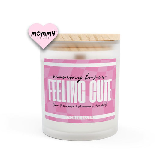 The perfect gift for mom, especially for mother's day. A frosted glass scented candle, with a wooden lid. The glass vessel is 11 oz, and the wax is 9oz. Burning time is around 50 hours. The label is beautifully designed in light pink colors, and it says: Mommy Loves Feeling Cute. Underneath, in between brackets it says: even if she hasn't showered in two days. A funny, yet original gift for mom! The fragrance is lychee blush. Super relaxing.