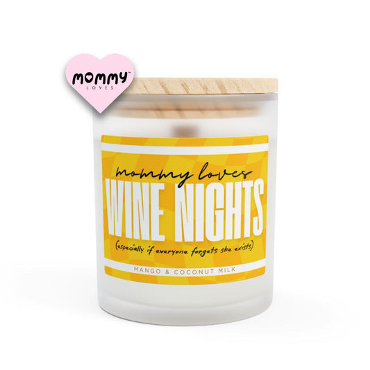 The perfect gift for mom, especially for mother's day. A frosted glass scented candle, with a wooden lid. The glass vessel is 11 oz, and the wax is 9oz. Burning time is around 50 hours. The label is beautifully designed in yellow golden colors, and it says: Mommy Loves Wine Nights. Underneath, in between brackets it says: especially if everyone forgets she exists. A funny, yet original gift for mom! The fragrance is Mango & Coconut Milk. Super relaxing.