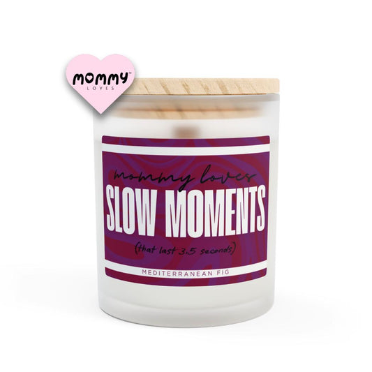 The perfect gift for mom, especially for mother's day. A frosted glass scented candle, with a wooden lid. The glass vessel is 11 oz, and the wax is 9oz. Burning time is around 50 hours. The label is beautifully designed in dark purple colors, and it says: Mommy Loves Slow Moments. Underneath, in between brackets it says: that last 3.5 seconds. A funny, yet original gift for mom! The fragrance is mediterranean fig. Super relaxing.