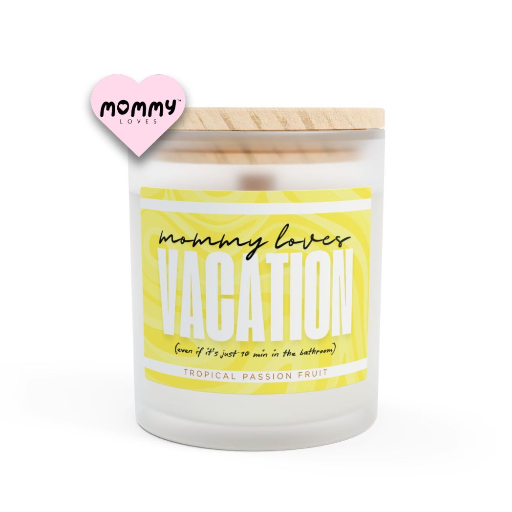 The perfect gift for mom, especially for mother's day. A frosted glass scented candle, with a wooden lid. The glass vessel is 11 oz, and the wax is 9oz. Burning time is around 50 hours. The label is beautifully designed in fresh yellow colors, and it says: Mommy Loves Vacation. Underneath, in between brackets it says: even if it's just 10 min in the bathroom. A funny, yet original gift for mom! The fragrance is Tropical Passion Fruit. Super relaxing.
