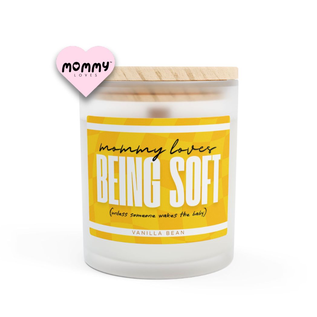 The perfect gift for mom, especially for mother's day. A frosted glass scented candle, with a wooden lid. The glass vessel is 11 oz, and the wax is 9oz. Burning time is around 50 hours. The label is beautifully designed in hints of dark yellow colors, and it says: Mommy Loves Being Soft. Underneath, in between brackets it says: unless someone wakes the baby. A funny, yet original gift for mom! The fragrance is Vanilla Bean. Super relaxing.