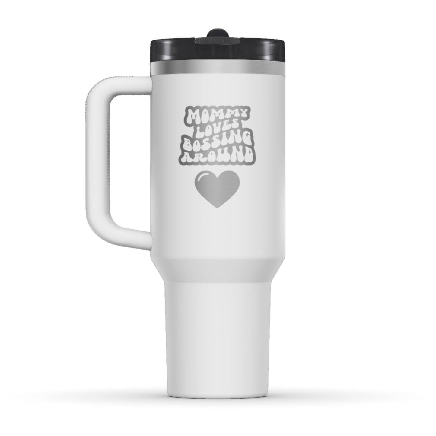 The back side of the newest Stanley 40oz Tumbler. The perfect gift for mom. The Color of the cup is Chalk, a shade of fresh white. It’s engraved with a typically 70s retro-style font, saying Mommy Loves Bossing Around. Under that text there is a nice big heart in the same retro style.