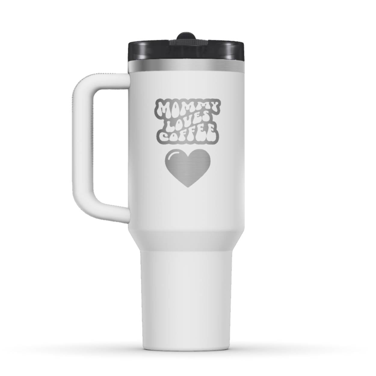 Stanley 40oz Tumbler, with a personalized twist. The perfect gift for mom. The Color of the cup is chalk, a shade of white. It’s engraved with a typically 70s retro-style font, saying Mommy Loves Coffee. Under that text there is a nice big heart in the same style.