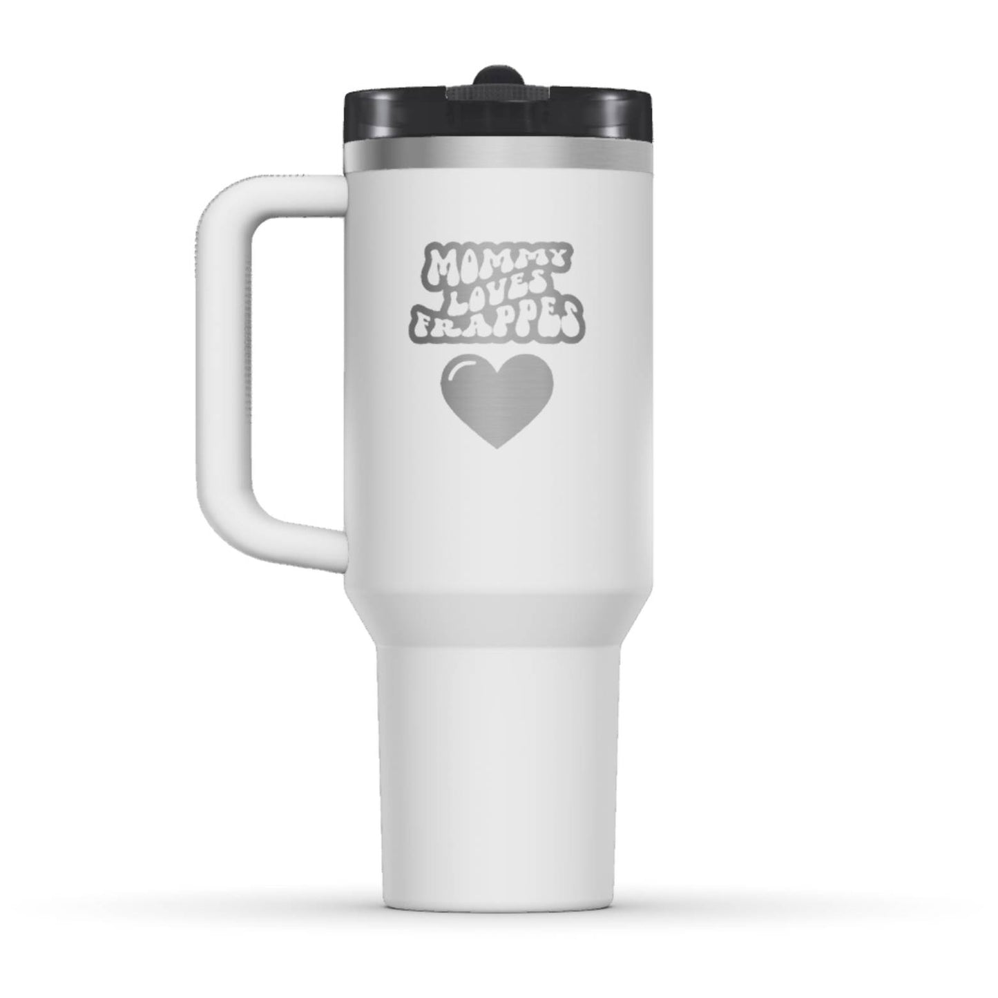 The back side of the newest Stanley 40oz Tumbler. The perfect gift for mom. The Color of the cup is Chalk, a shade of white. It’s engraved with a typically 70s retro-style font, saying Mommy Loves Frappes. Under that text there is a nice big heart in the same retro style.