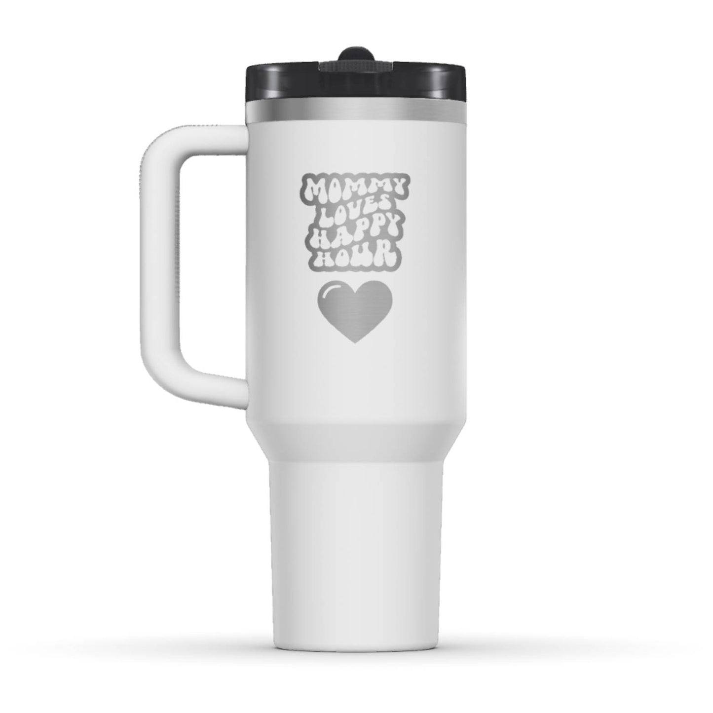 The back side of the newest Stanley 40oz Tumbler. The perfect gift for mom. The Color of the cup is Chalk, a shade of fresh white. It’s engraved with a typically 70s retro-style font, saying Mommy Loves Happy Hour. Under that text there is a nice big heart in the same retro style.