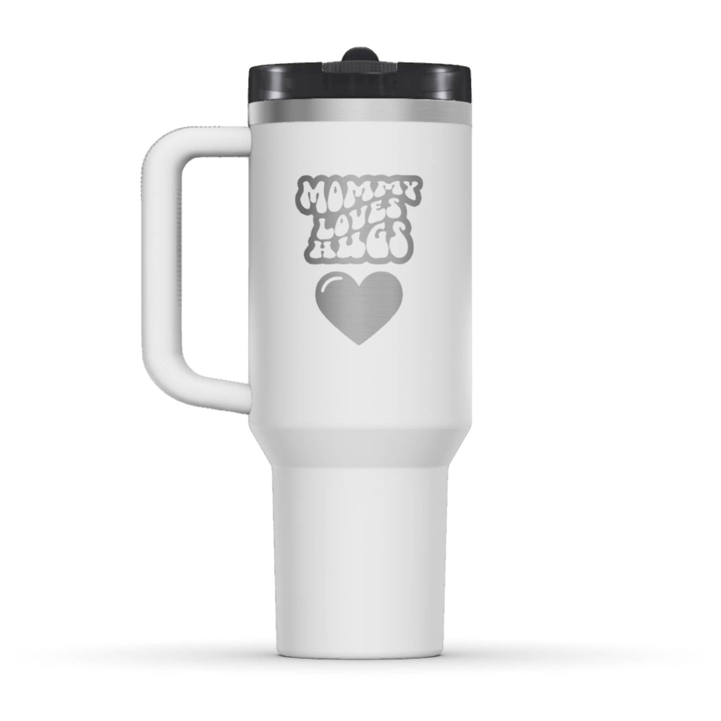 The back side of the newest Stanley 40oz Tumbler. The perfect gift for mom. The Color of the cup is Chalk, a shade of fresh white. It’s engraved with a typically 70s retro-style font, saying Mommy Loves Hugs. Under that text there is a nice big heart in the same retro style.