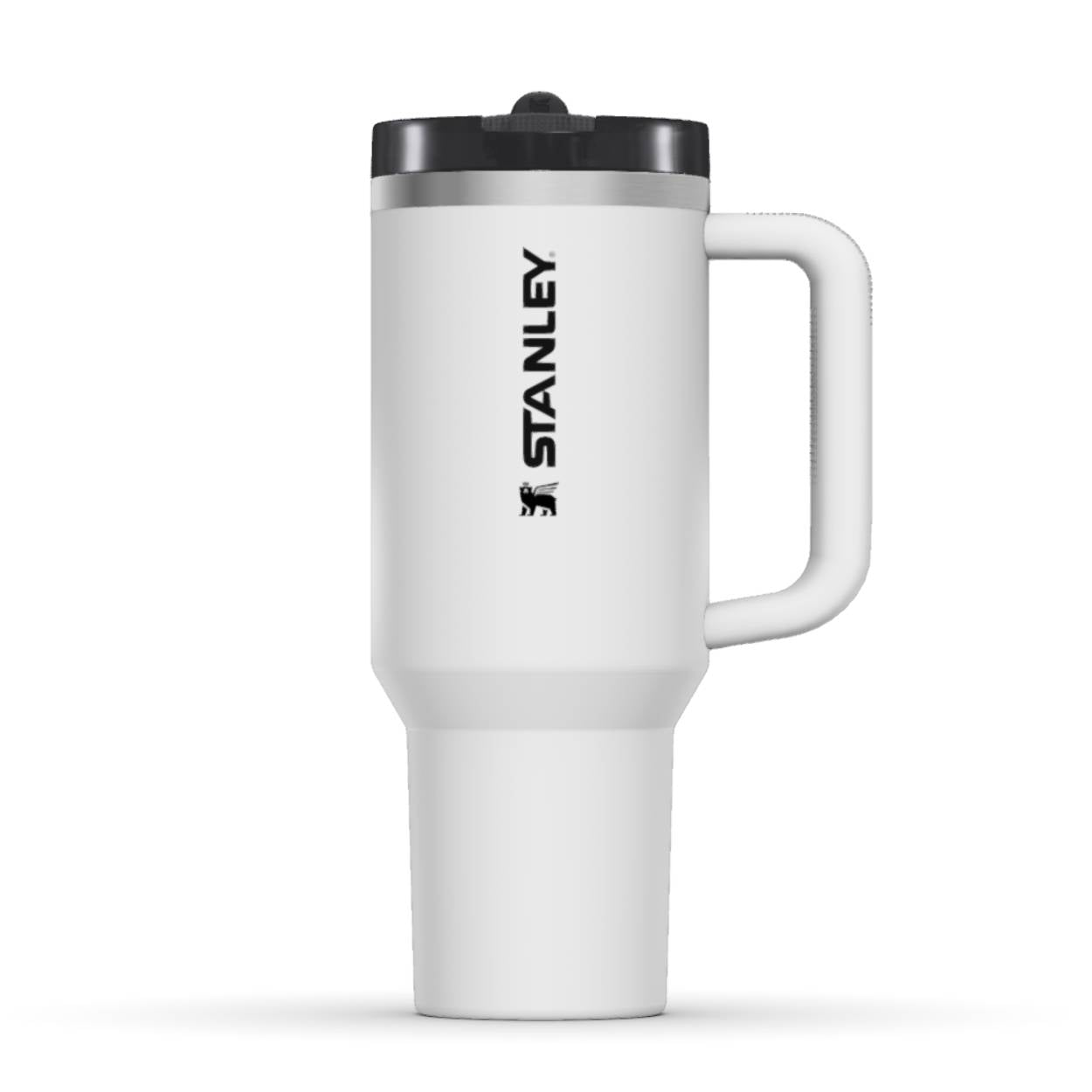 The front side of a Stanley 40oz tumbler. The perfect gift for mom. The color of the cup is Chalk, a shade of fresh white. It shows the Stanley brand logo in black. On the back you can find the personalized engraving.