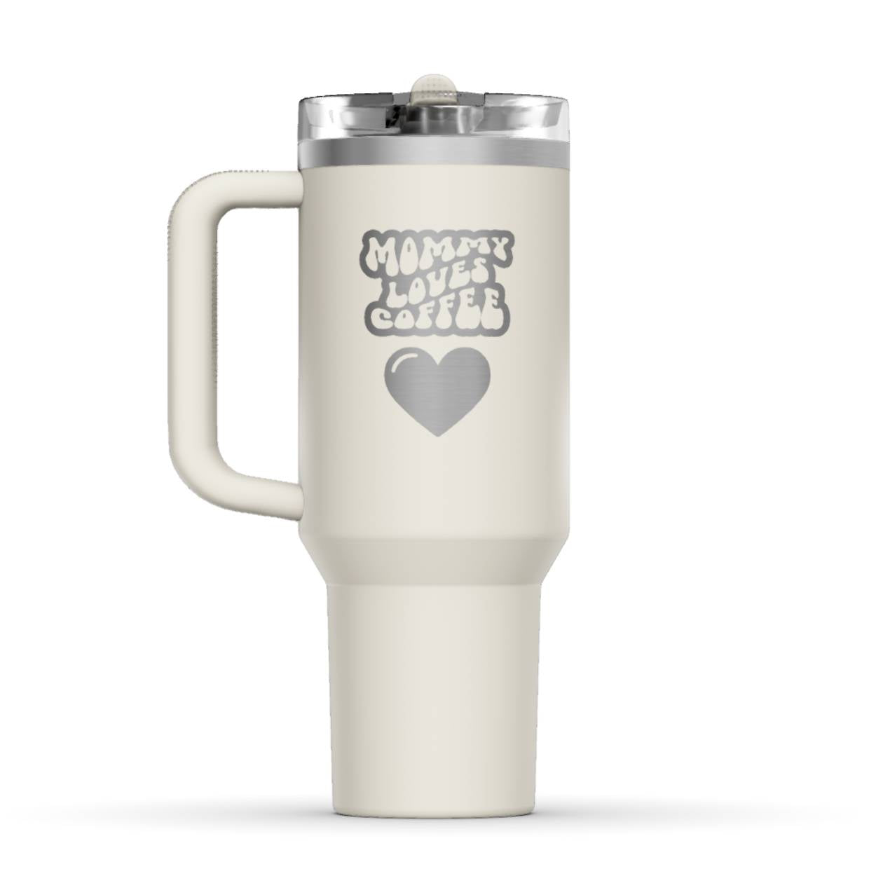 Stanley 40oz Tumbler, with a personalized twist. The perfect gift for mom. The Color of the cup is Cream, a shade of off-white. It’s engraved with a typically 70s retro-style font, saying Mommy Loves Coffee. Under that text there is a nice big heart in the same style.