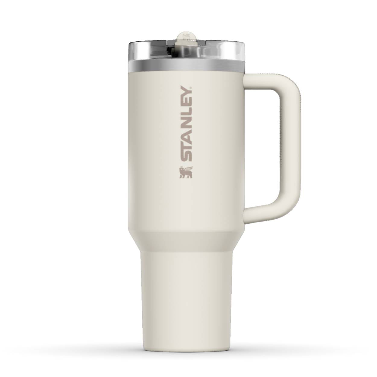 The front side of a Stanley 40oz tumbler. The perfect gift for mom. The color of the cup is Cream, a warm shade of white. It shows the Stanley brand logo in grey-brown. On the back you can find the personalized engraving.