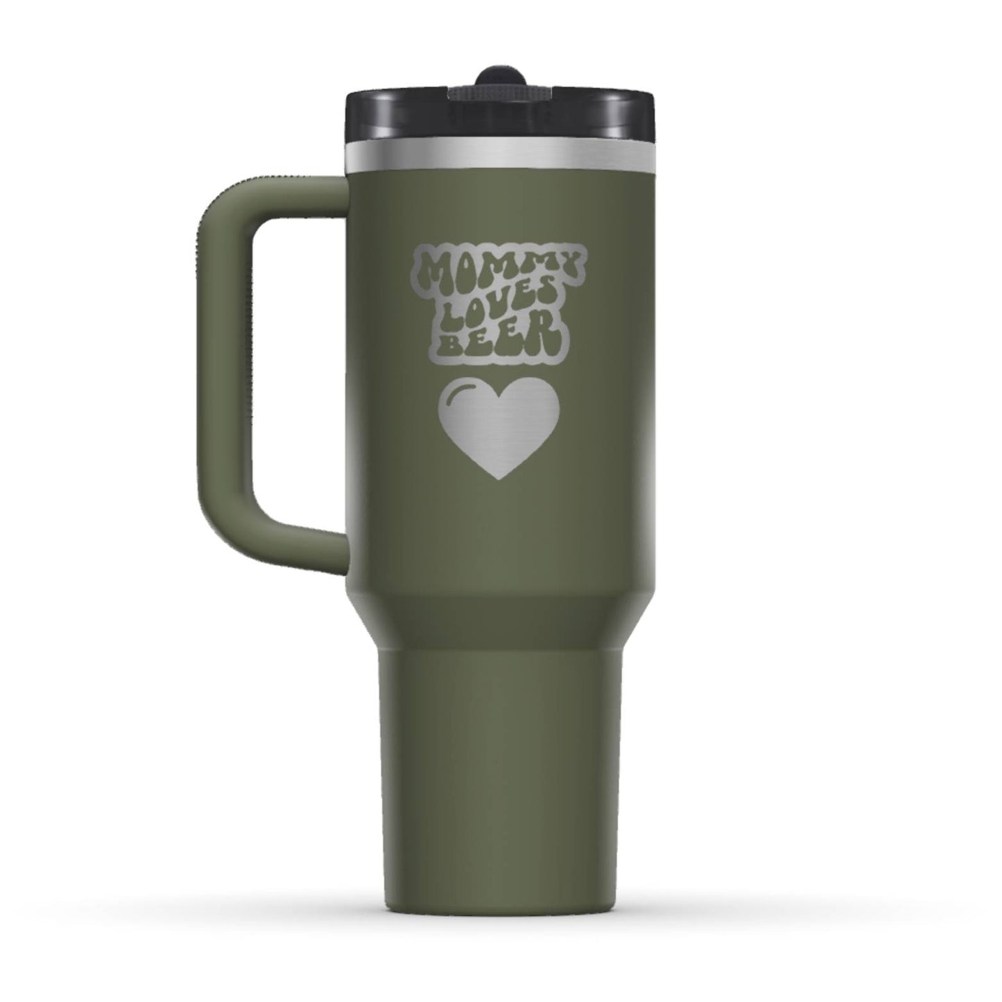 The back side of the newest Stanley 40oz Tumbler. The perfect gift for mom. The Color of the cup is Dried Pine, a dark shade of army green. It’s engraved with a typically 70s retro-style font, saying Mommy Loves Beer. Under that text there is a nice big heart in the same retro style.