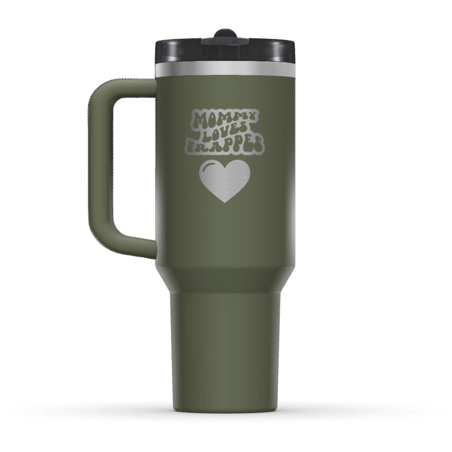 The back side of the newest Stanley 40oz Tumbler. The perfect gift for mom. The Color of the cup is Dried Pine, a dark shade of army green. It’s engraved with a typically 70s retro-style font, saying Mommy Loves Frappes. Under that text there is a nice big heart in the same retro style.