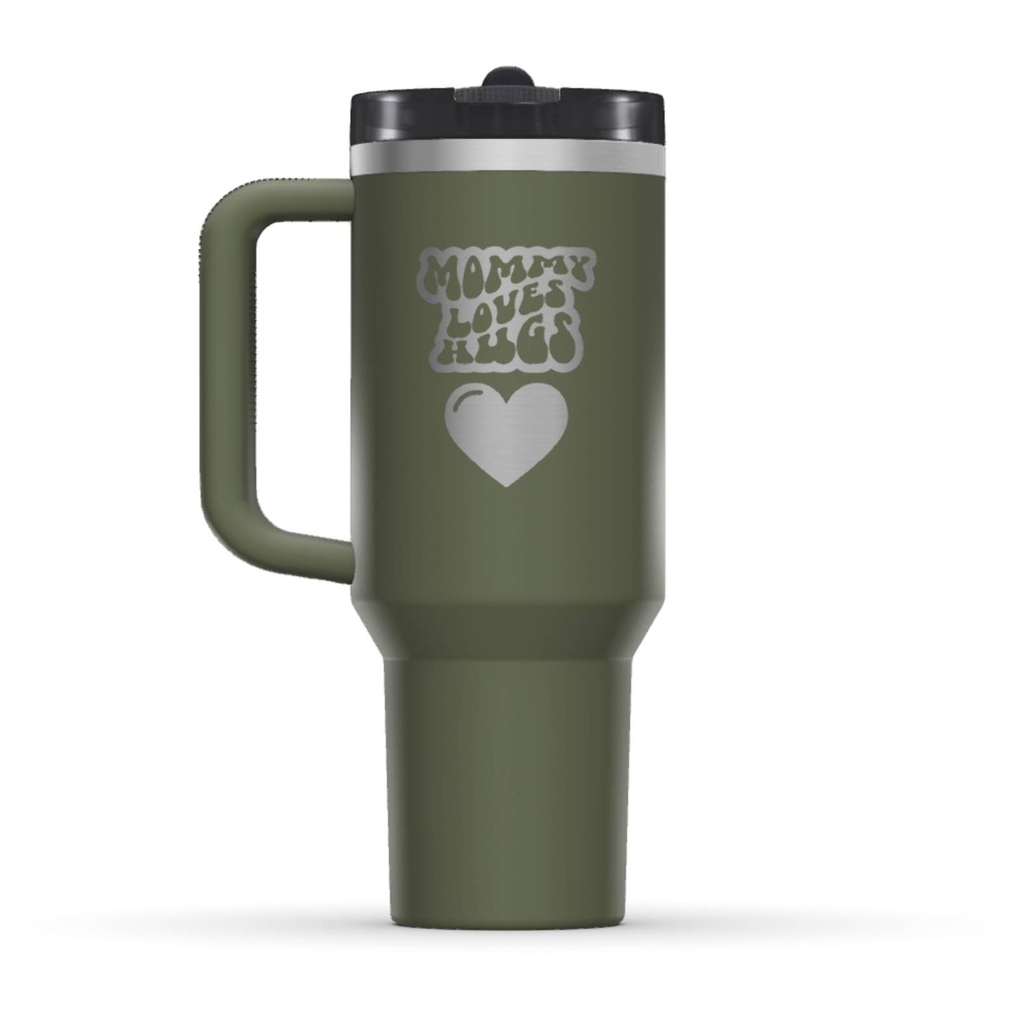 The back side of the newest Stanley 40oz Tumbler. The perfect gift for mom. The Color of the cup is Dried Pine, a dark shade of army green. It’s engraved with a typically 70s retro-style font, saying Mommy Loves Hugs. Under that text there is a nice big heart in the same retro style.