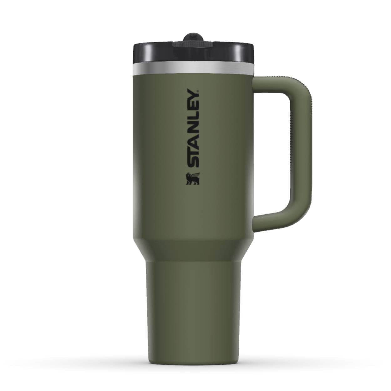 The front side of a Stanley 40oz tumbler. The perfect gift for mom. The color of the cup is Dried Pine, a dark shade of army green. It shows the Stanley brand logo in black. On the back you can find the personalized engraving.