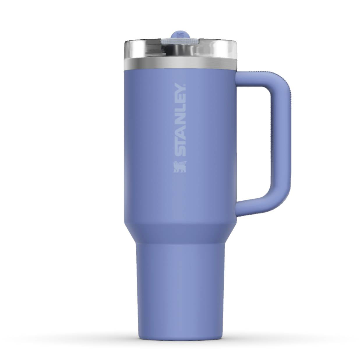 The front side of a Stanley 40oz tumbler. The perfect gift for mom. The color of the cup is Hydrangea, a shade of cyan blue. It shows the Stanley brand logo in light blue. On the back you can find the personalized engraving.