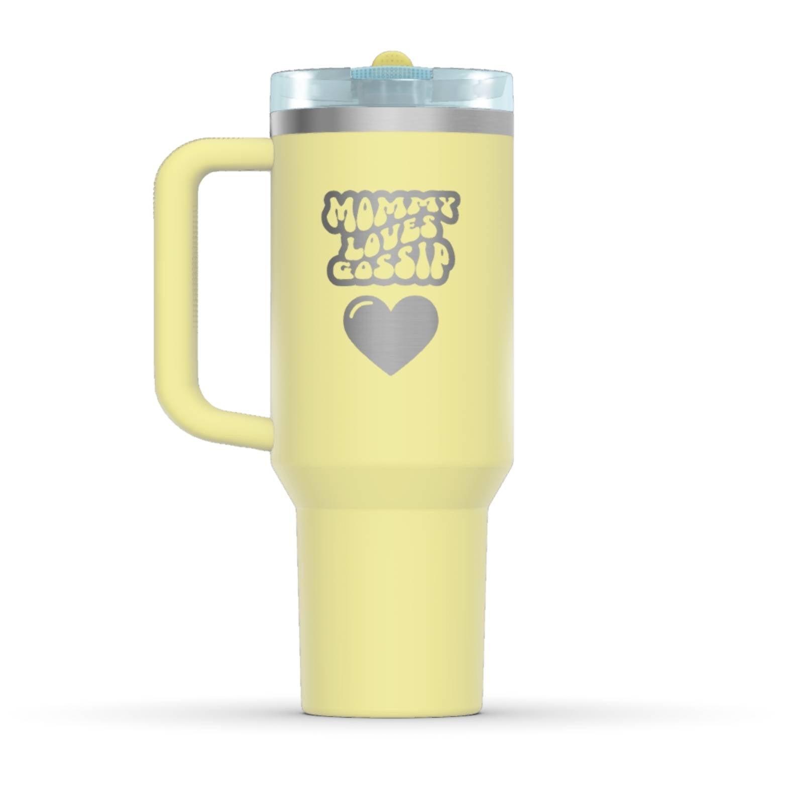 The back side of the newest Stanley 40oz Tumbler. The perfect gift for mother’s day. The Color of the cup is Pomelo, a shade of fresh yellow. It’s engraved with a typically 70s retro-style font, saying Mommy Loves Gossip. Under that text there is a nice big heart in the same retro style.