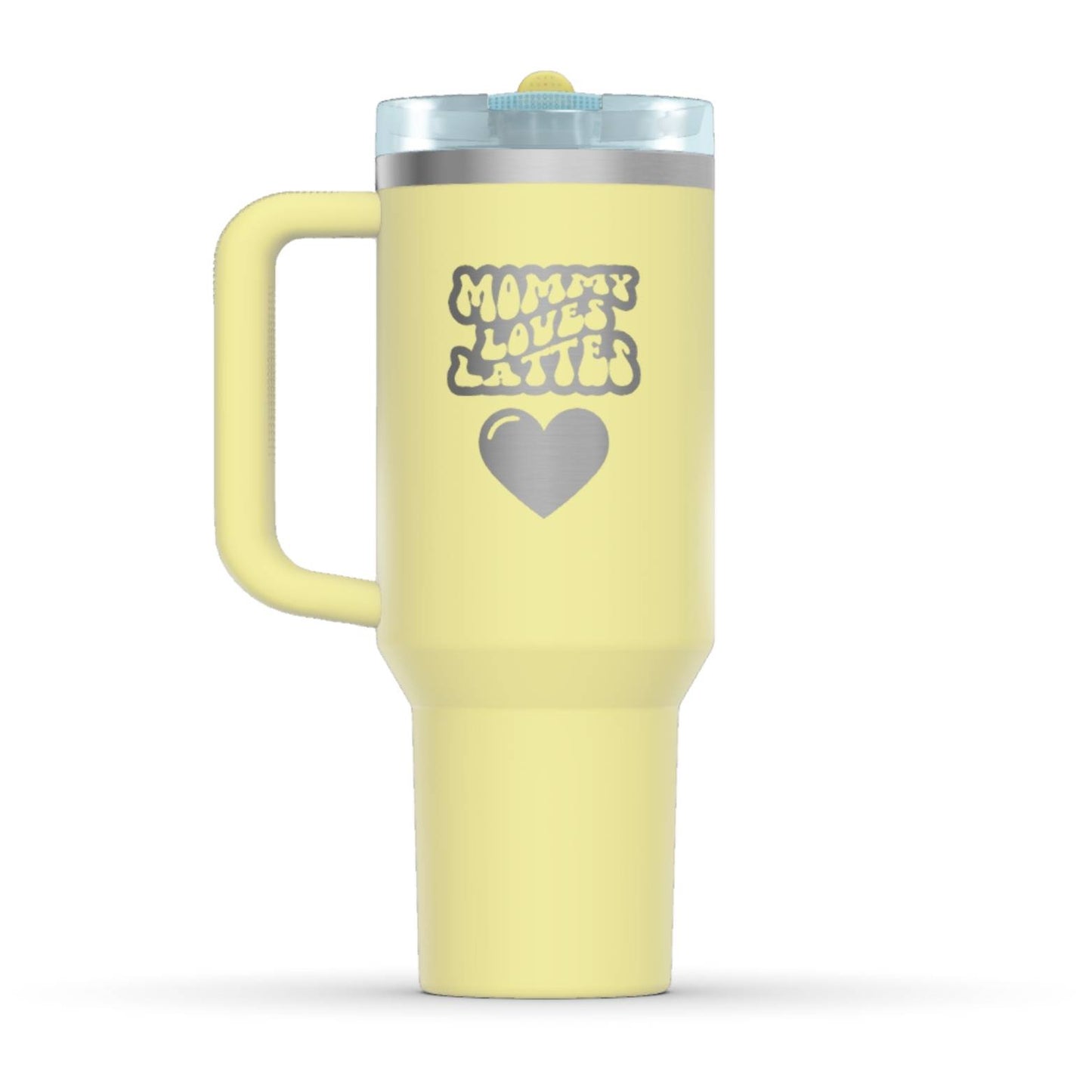 The back side of the newest Stanley 40oz Tumbler. The perfect gift for mom. The Color of the cup is Pomelo, a shade of fresh yellow. It’s engraved with a typically 70s retro-style font, saying Mommy Loves Lattes. Under that text there is a nice big heart in the same retro style.
