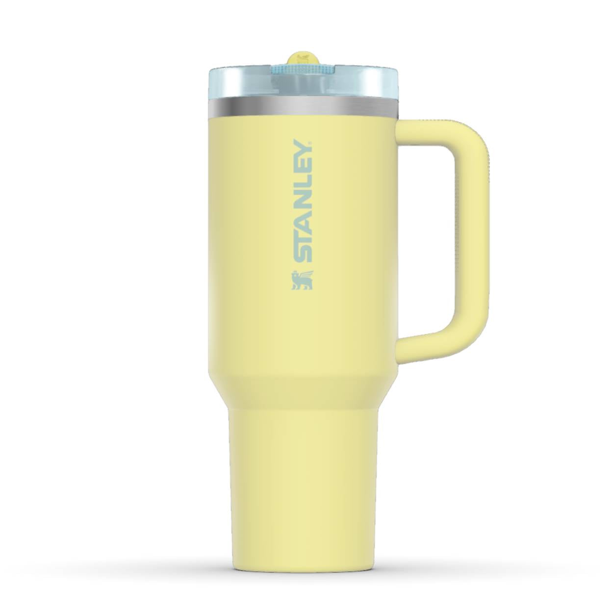 The front side of a Stanley 40oz Tumbler. The perfect gift for mom. The Color of the cup is Pomelo Yellow, a shade of fresh yellow. It shows the Stanley logo. On the back you can find the personalized engraving.
