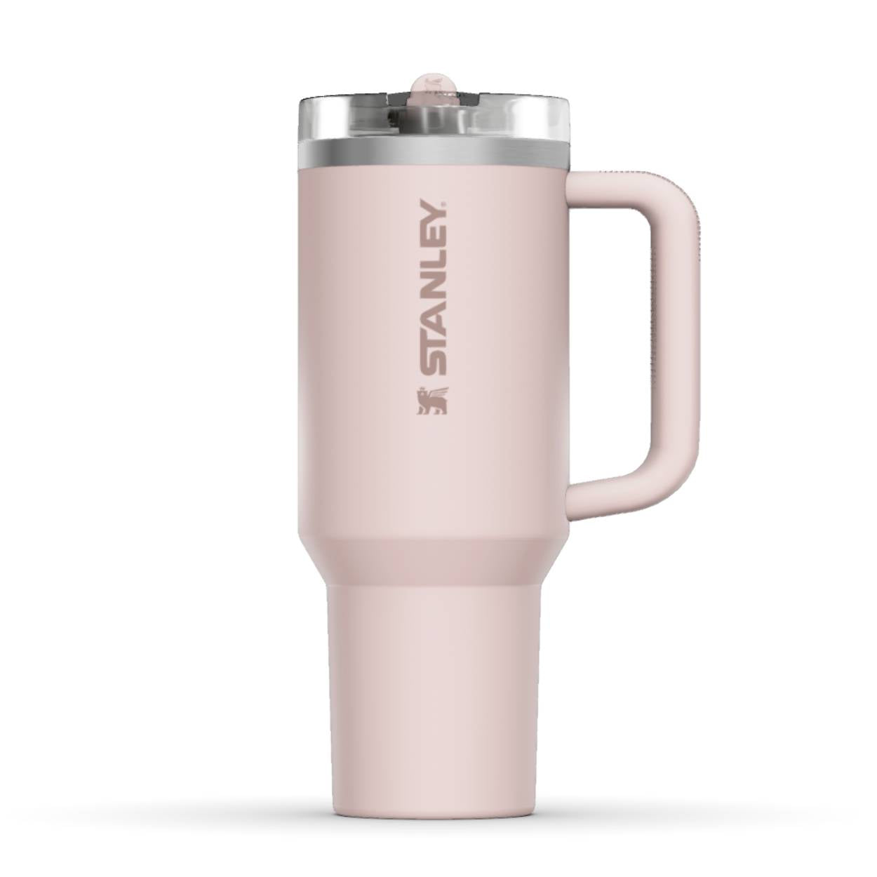 The front side of a Stanley 40oz tumbler. The perfect gift for mom. The color of the cup is Rose Quartz, a shade of soft pink. It shows the Stanley brand logo in a darker shade of pink. On the back you can find the personalized engraving.