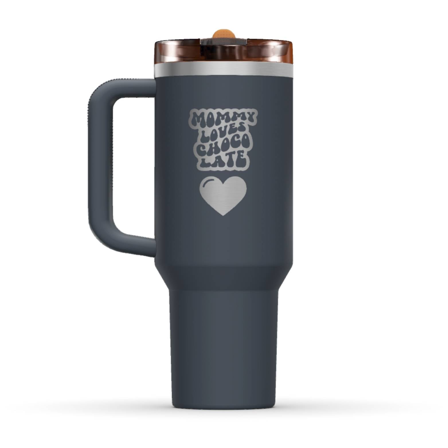 The back side of the newest Stanley 40oz Tumbler. The perfect gift for mom. The Color of the cup is Twilight, a shade of dark blue/grey. It’s engraved with a typically 70s retro-style font, saying Mommy Loves Chocolate. Under that text there is a nice big heart in the same retro style.