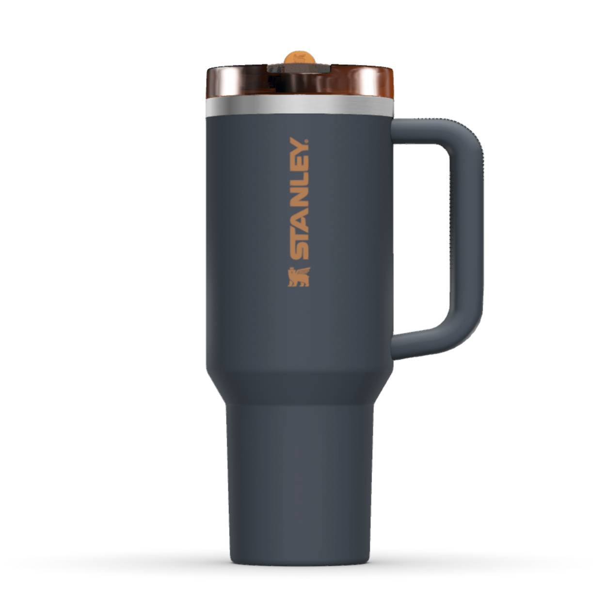 The front side of a Stanley 40oz tumbler. The perfect gift for mom. The color of the cup is Twilight, a shade of night blue. It shows the Stanley brand logo in a shade of brown orange. On the back you can find the personalized engraving.