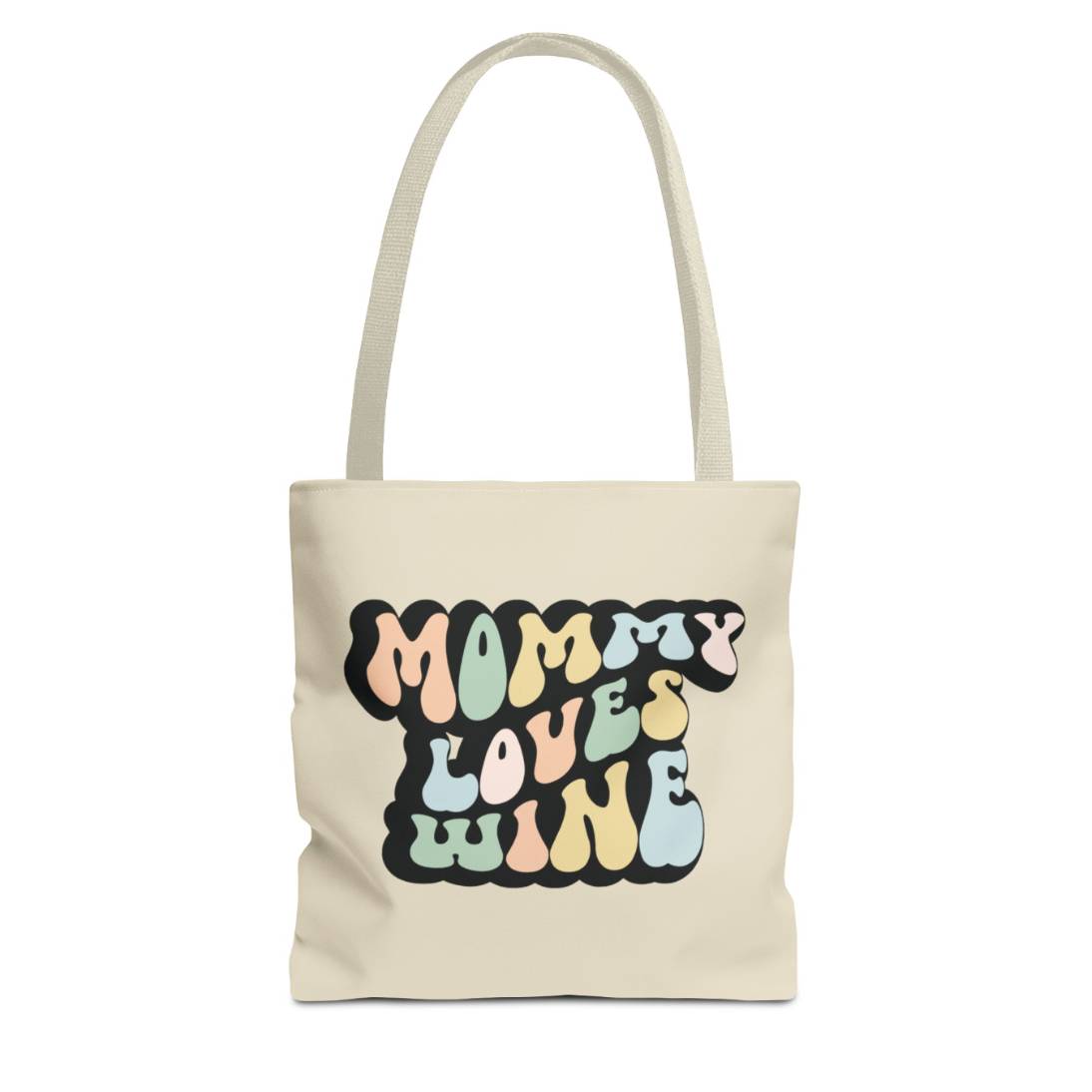 Perfect gift for mom. A beige tote bag, available in three sizes. In a typically 70s retro-style font, it says Mommy Loves Wine. The handle is beige.