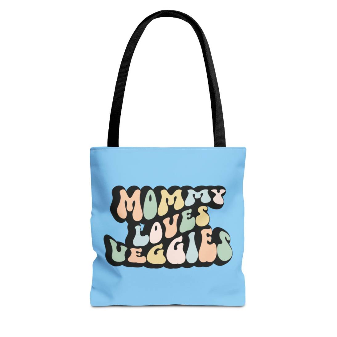Perfect gift for mom. A light blue tote bag, available in three sizes. In a typically 70s retro-style font, it says Mommy Loves Veggies. The handle is black.