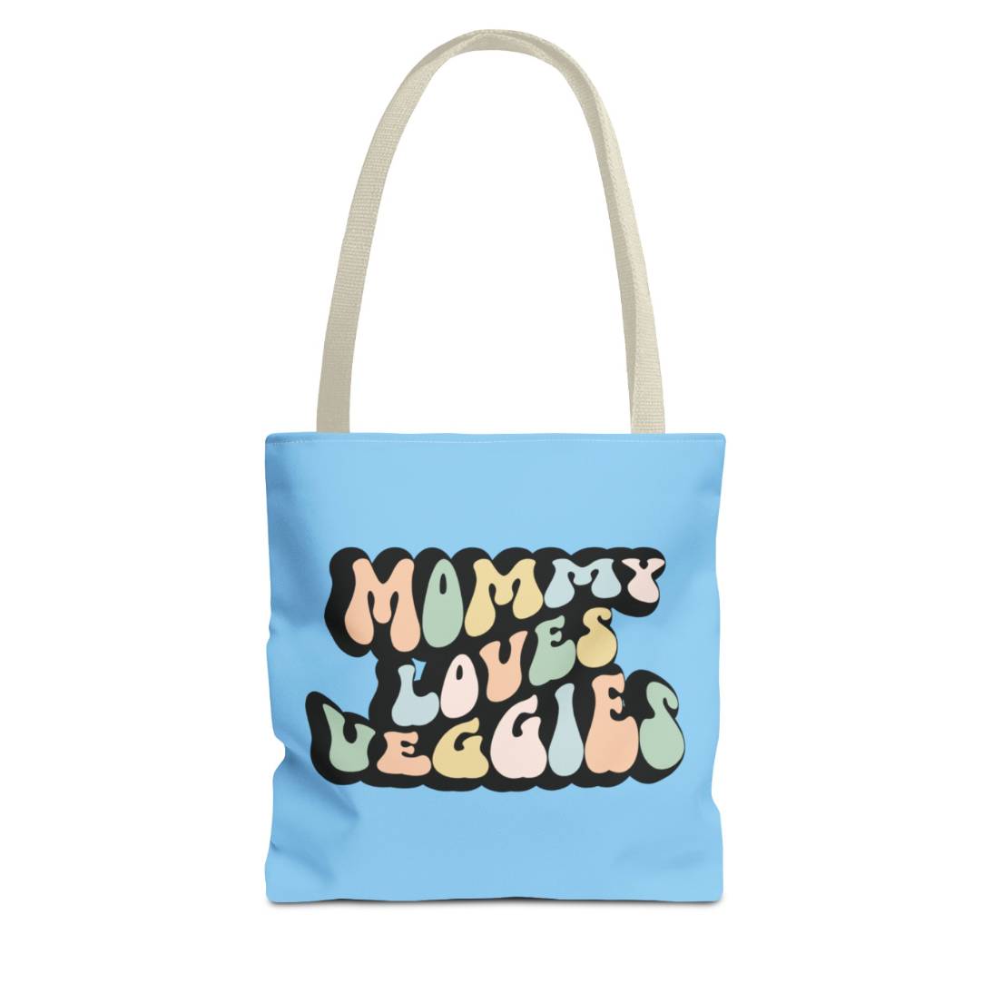 Perfect gift for mom. A light blue tote bag, available in three sizes. In a typically 70s retro-style font, it says Mommy Loves Veggies. The handle is beige.