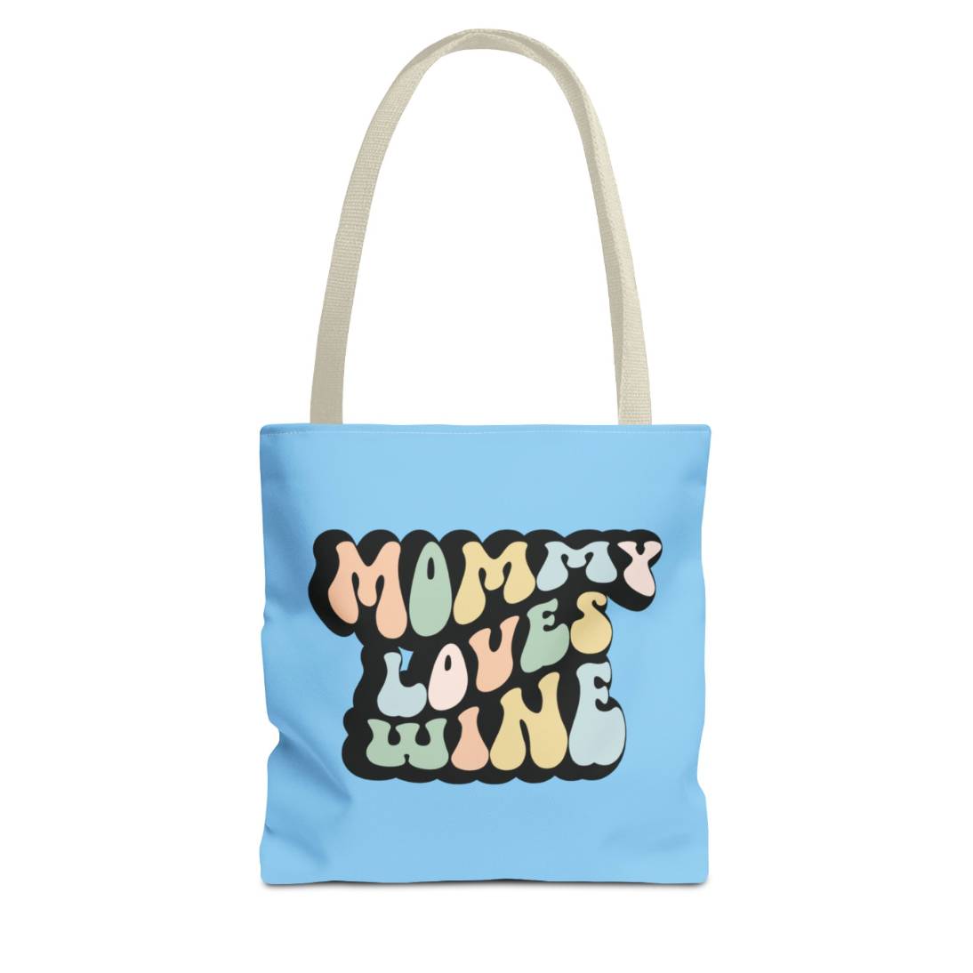 Perfect gift for mom. A light blue tote bag, available in three sizes. In a typically 70s retro-style font, it says Mommy Loves Wine. The handle is beige.