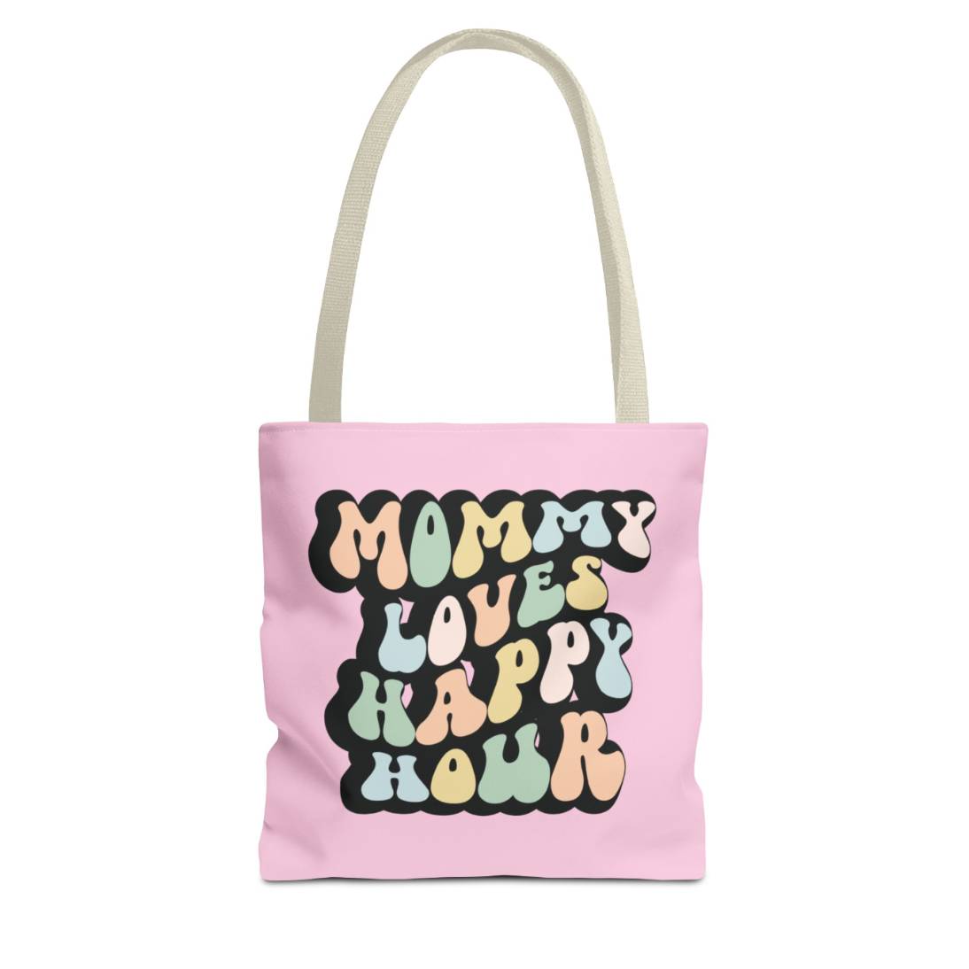 Perfect gift for mom. A pink tote bag, available in three sizes. In a typically 70s retro-style font, it says Mommy Loves Happy Hour. The handle is beige.