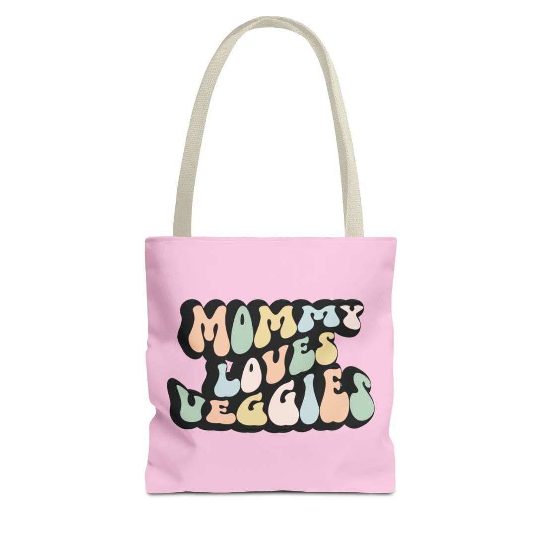 Perfect gift for mom. A pink tote bag, available in three sizes. In a typically 70s retro-style font, it says Mommy Loves Veggies. The handle is beige.