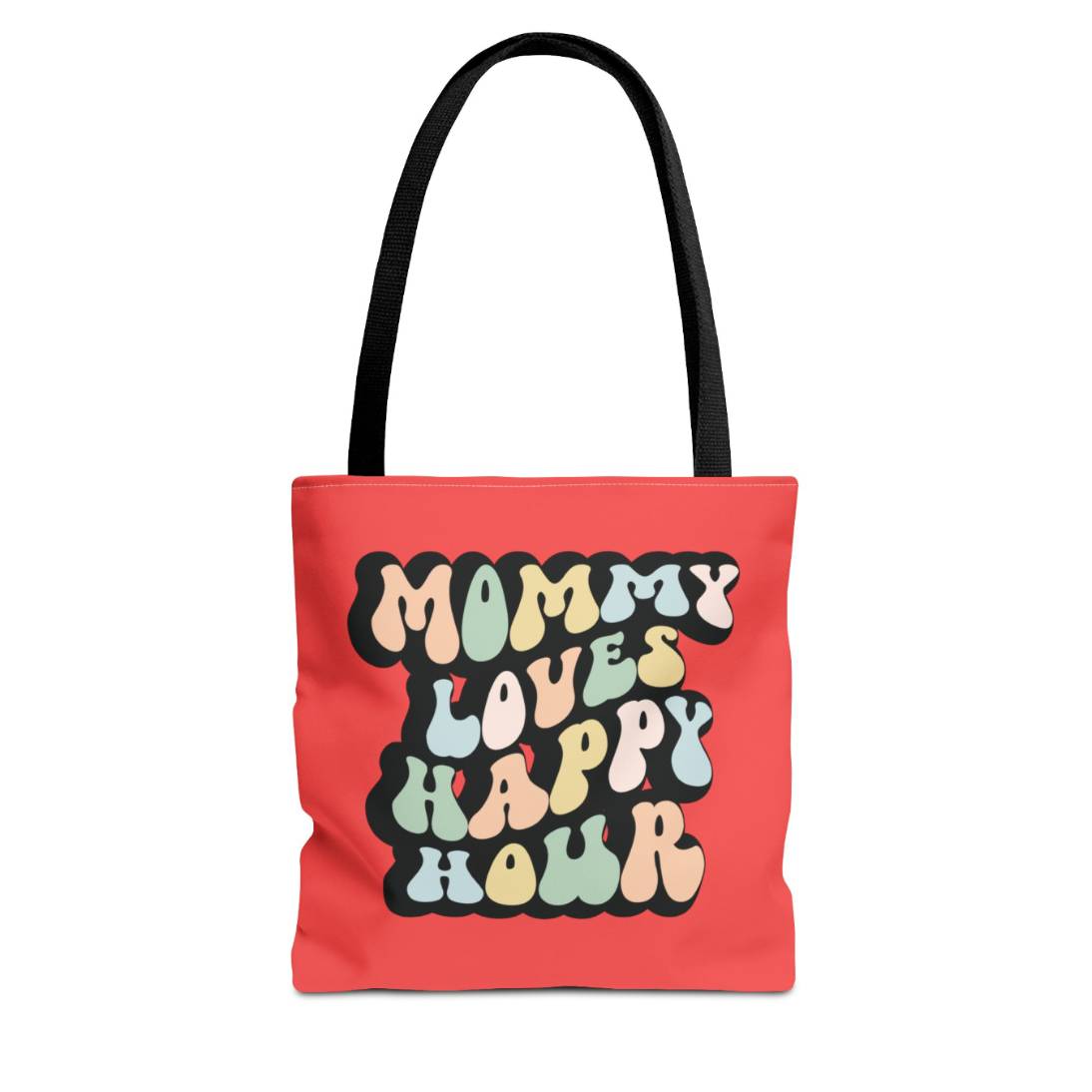 Perfect gift for mom. A red tote bag, available in three sizes. In a typically 70s retro-style font, it says Mommy Loves Happy Hour. The handle is black.