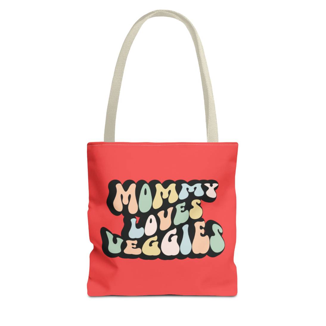 Perfect gift for mom. A red tote bag, available in three sizes. In a typically 70s retro-style font, it says Mommy Loves Veggies. The handle is beige.