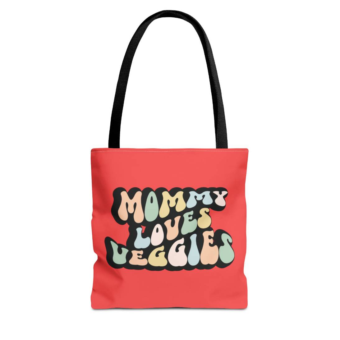 Perfect gift for mom. A red tote bag, available in three sizes. In a typically 70s retro-style font, it says Mommy Loves Veggies. The handle is black.