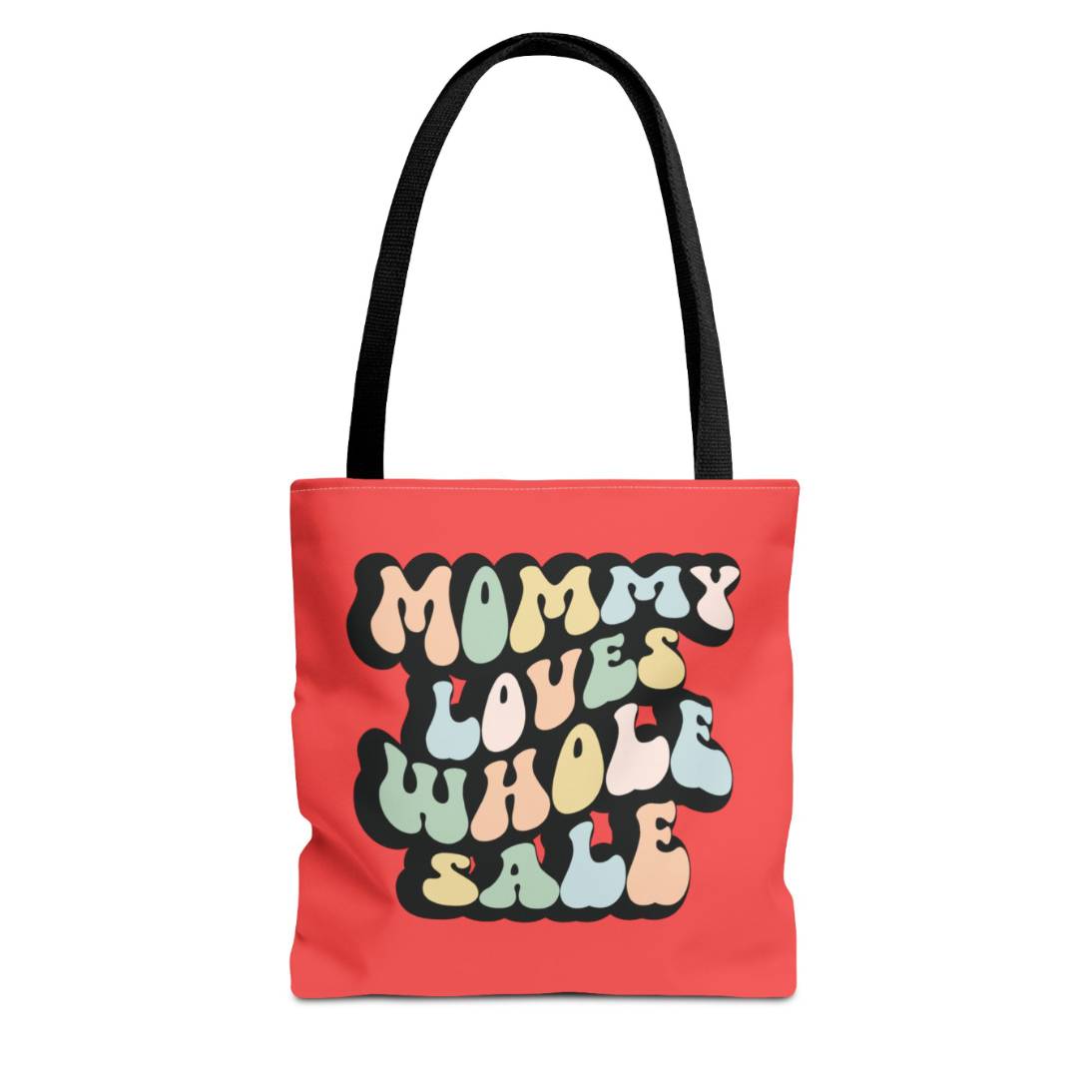 Perfect gift for mom. A red tote bag, available in three sizes. In a typically 70s retro-style font, it says Mommy Loves Wholesale. 
