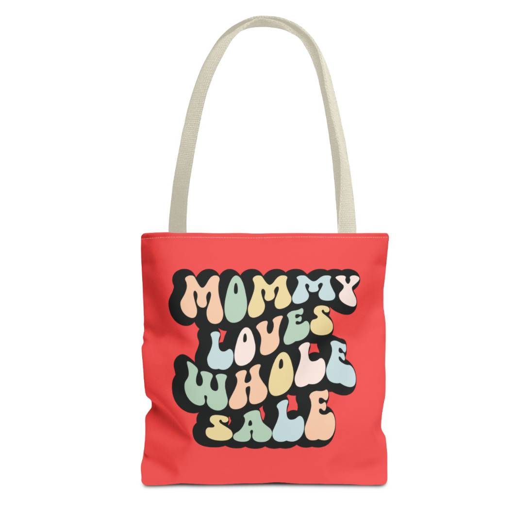 Perfect gift for mom. A red tote bag, available in three sizes. In a typically 70s retro-style font, it says Mommy Loves Wholesale. 