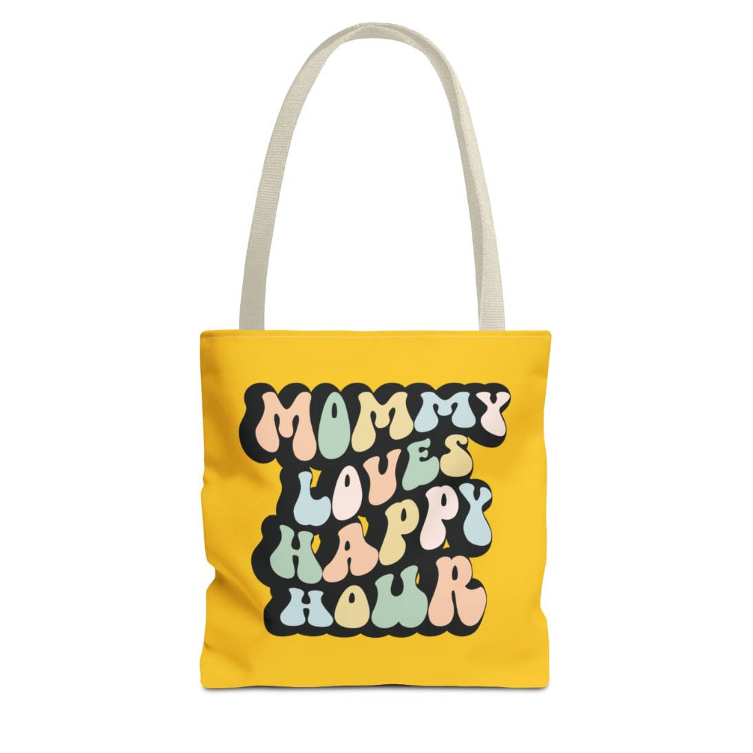 Perfect gift for mom. A mustard yellow tote bag, available in three sizes. In a typically 70s retro-style font, it says Mommy Loves Happy Hour. The handle is beige.