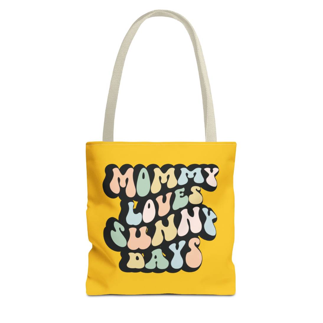 Perfect gift for mom. A mustard yellow tote bag, available in three sizes. In a typically 70s retro-style font, it says Mommy Loves Sunny Days. The handle is beige.