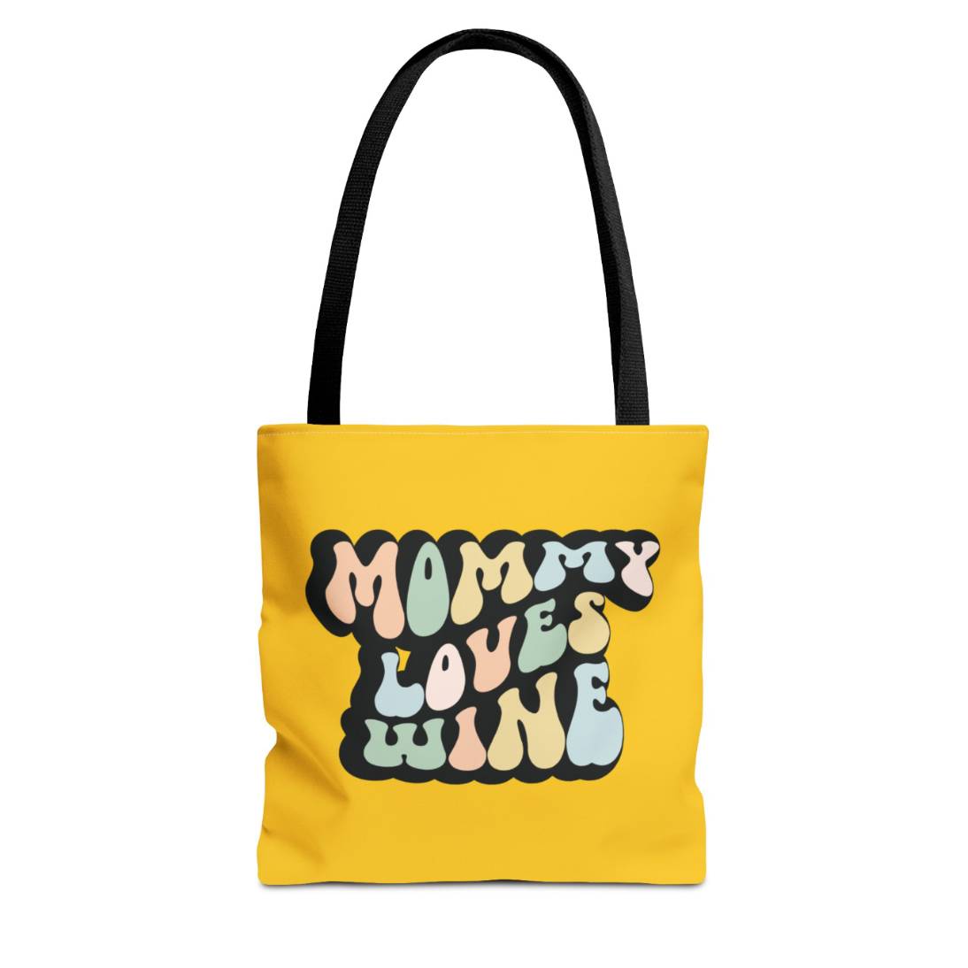 Perfect gift for mom. A yellow mustard tote bag, available in three sizes. In a typically 70s retro-style font, it says Mommy Loves Wine. The handle is black.