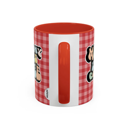 Perfect gift for mom. A decorative, 11oz ceramic mug. It’s wrapped in a red-white checkered background. In a happy and colorful 70s retro-style font it says Mommy Loves Coffee, on both sides. 