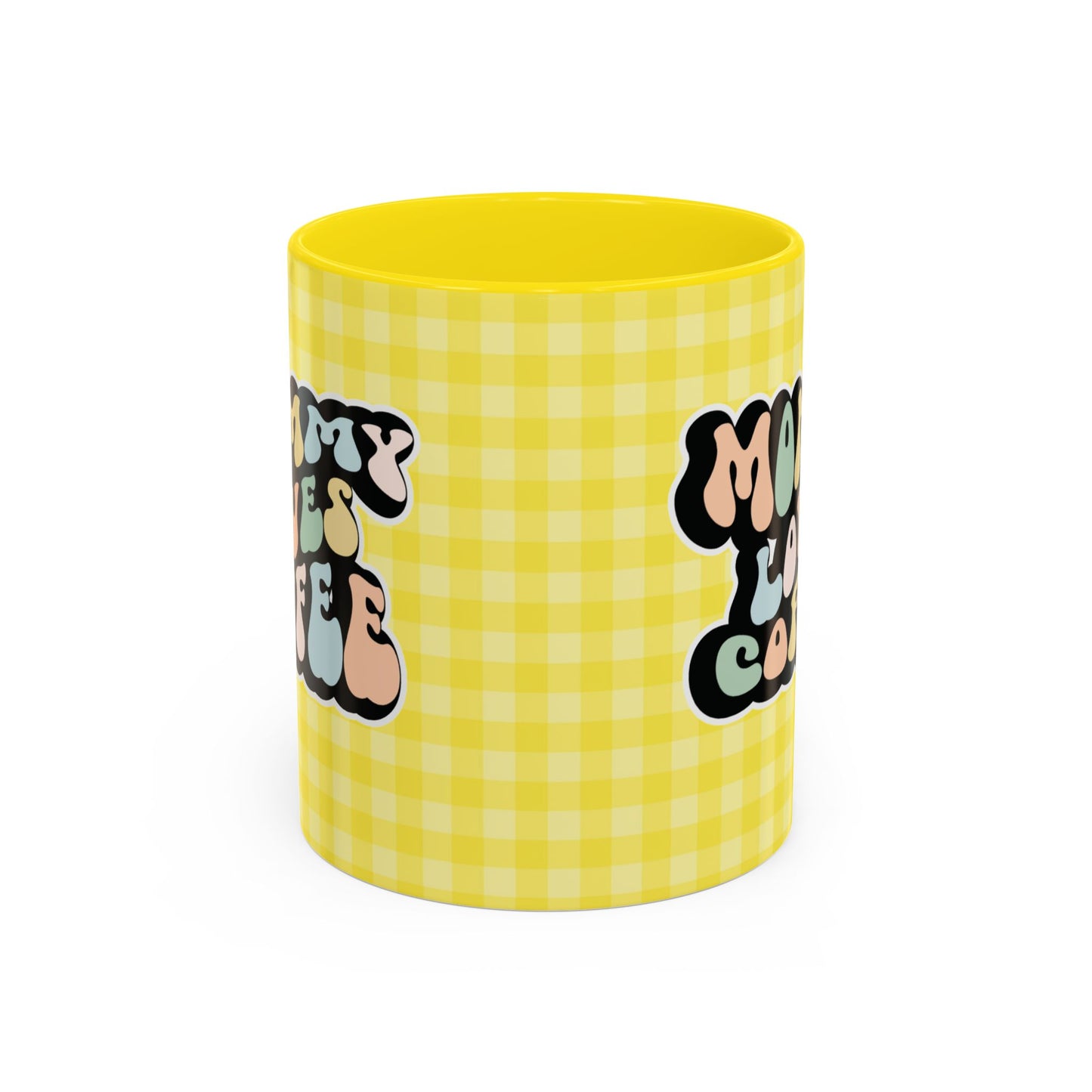 Perfect gift for mom. A decorative, 11oz ceramic mug. It’s wrapped in a yellow-white checkered background. In a happy and colorful 70s retro-style font it says Mommy Loves Coffee, on both sides. 